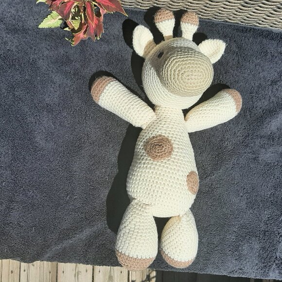 Artisan Made Hand Crocheted Giraffe Tan White Brown Spots 16" - Picture 2 of 9